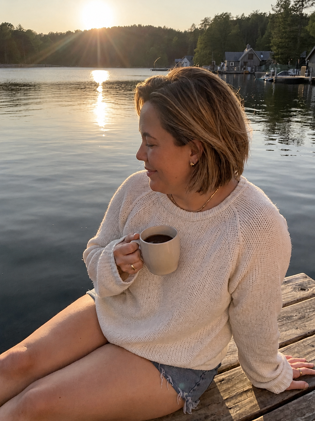 Lora Fenn with coffee on the dock